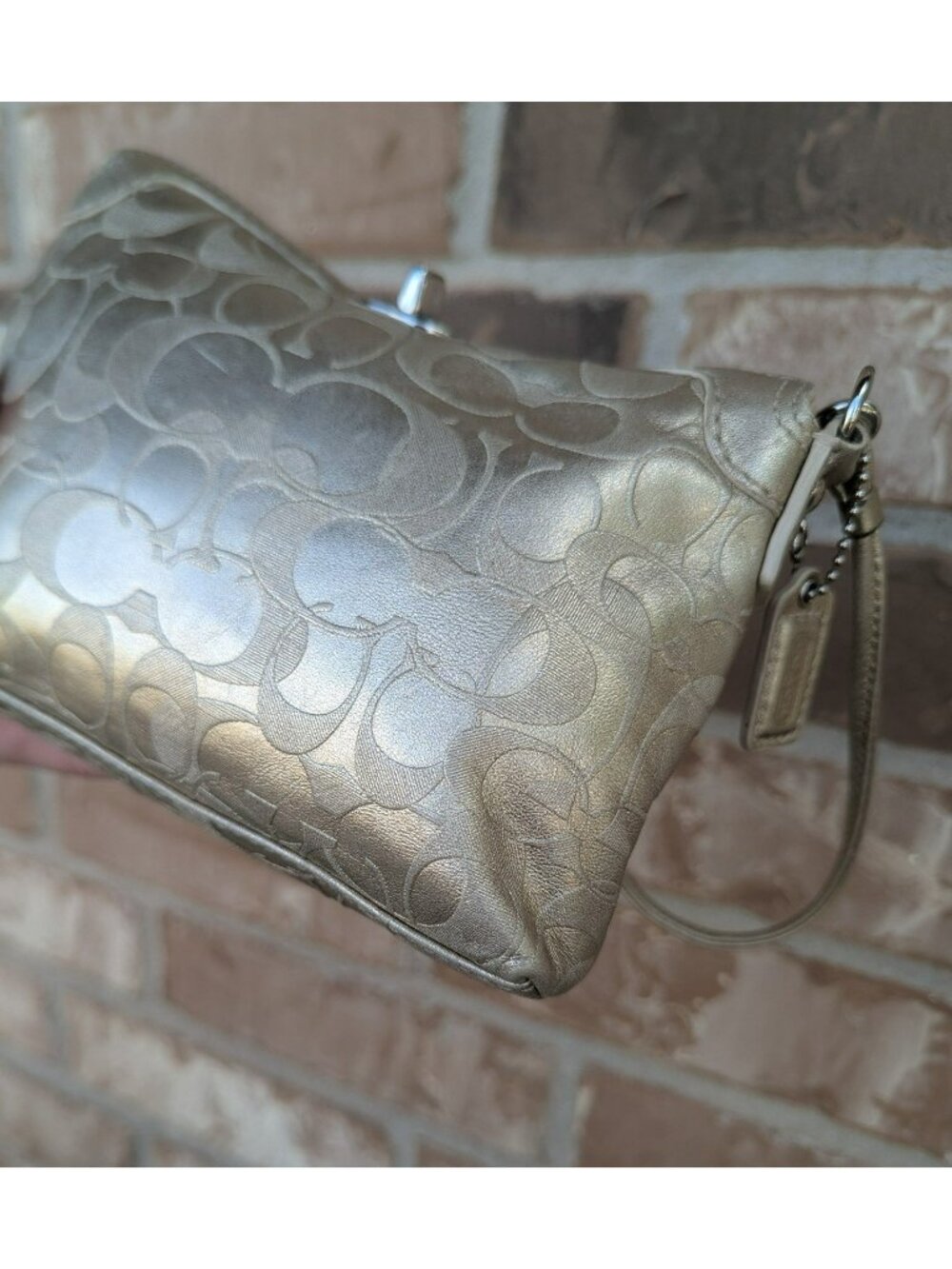 Vintage Y2K Coach Signature Turn Lock Convertible Wristlet Mini Bag Gold Silver - Picture 10 of 12